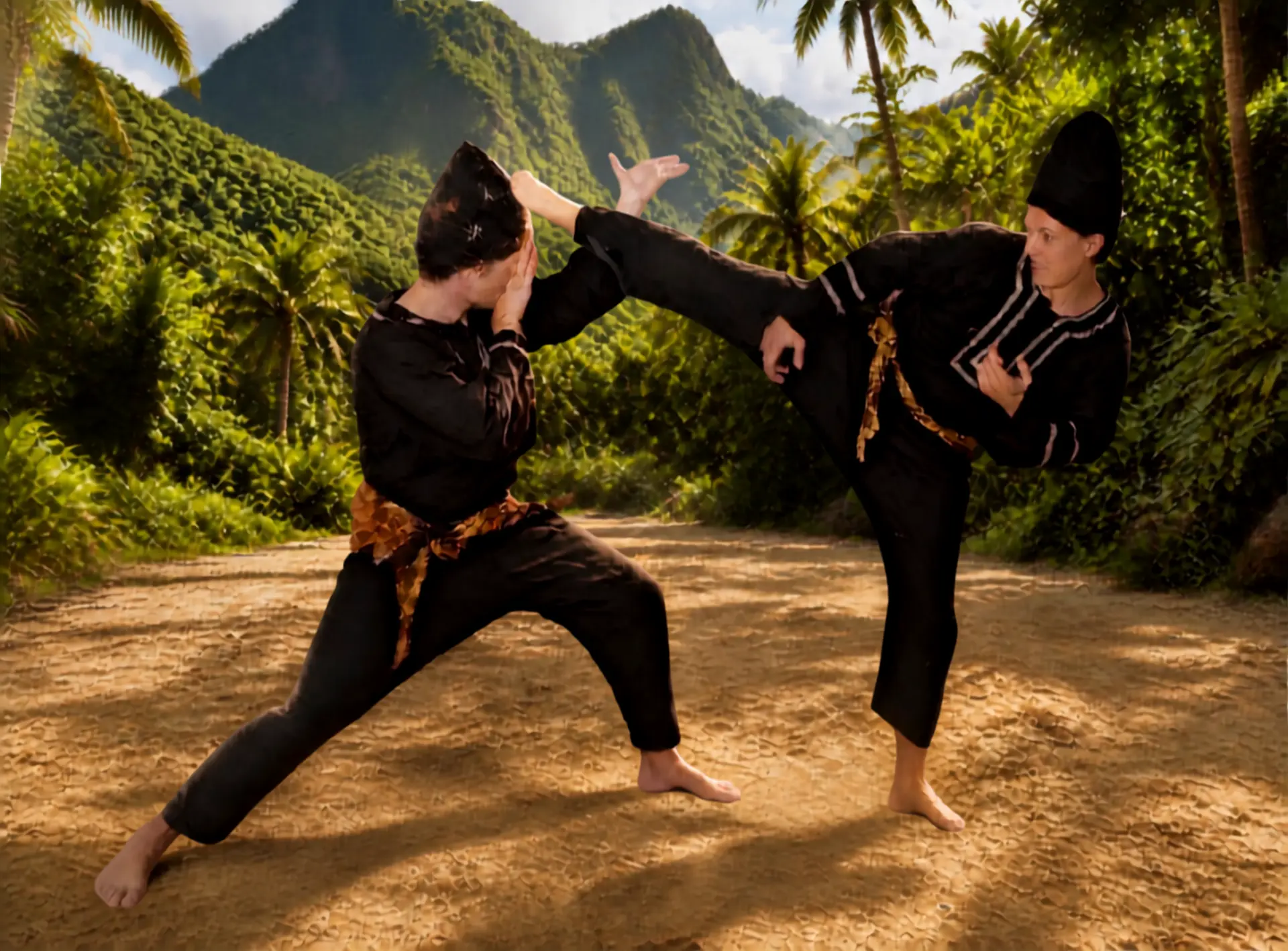Twee silat vechters in zwarte kleding trainen empty-handed technieken in tropisch berglandschap