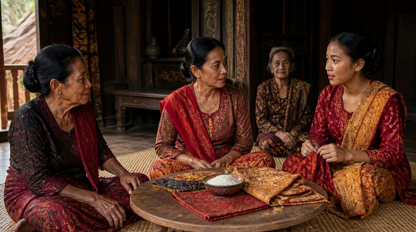 Minangkabau-bruidspaars in traditionele kleding met gouden suntiang-hoofdtooi voor een rumah gadang