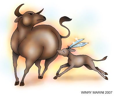Illustratie van de strijdbuffel en het hongerige kalf uit de Minangkabau-legende