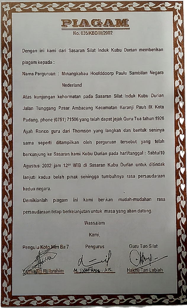 Piagam No. 035/KBD/III/2002 — erkenning van Paulu Sembilan Nederland door Sasaran Silat Induk Kubu Durian, maart 2002