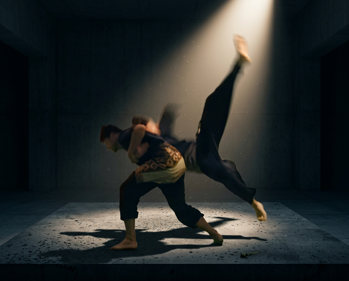 Twee silat-vechters voeren een mes-overname uit op een donker betonnen podium, uitgelicht door een spotlight