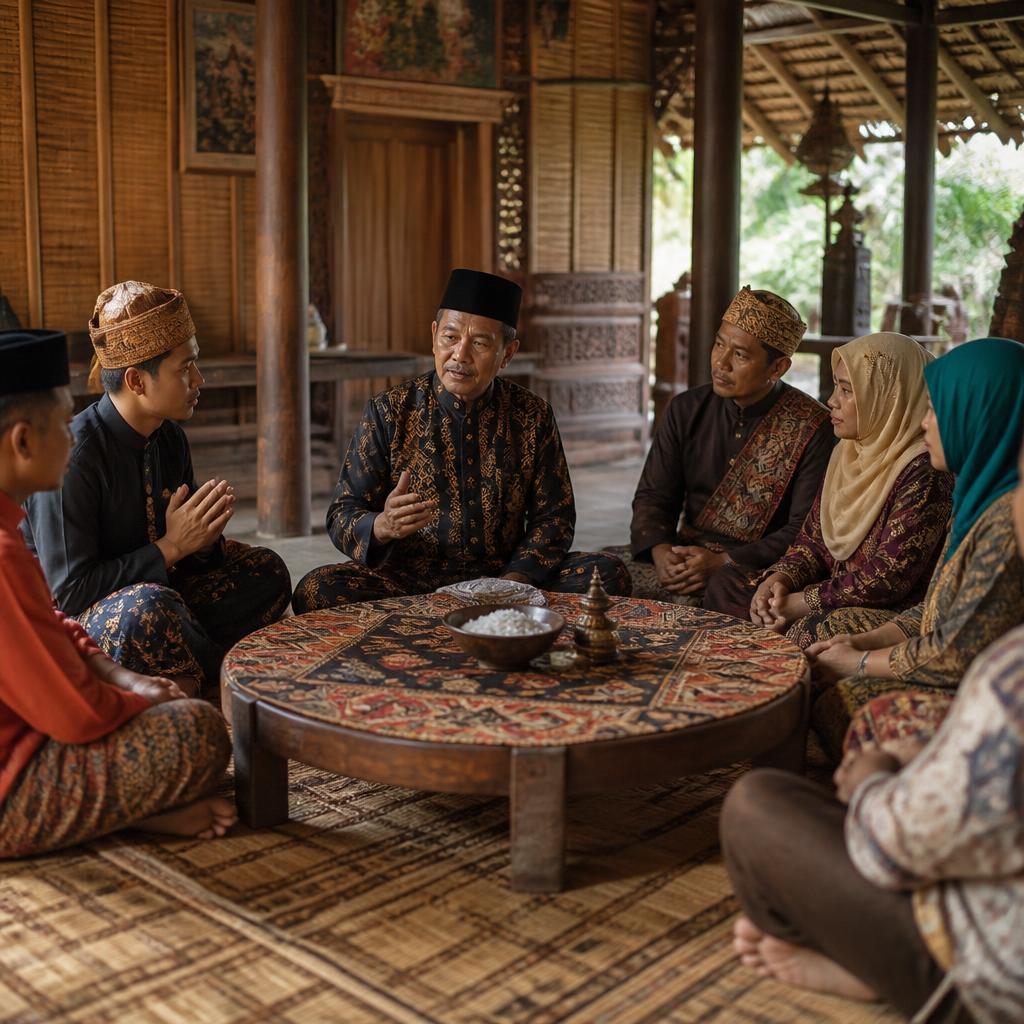 Een Penghulu of Adat-drager zit in het midden van een kring luisterende mensen van verschillende leeftijden, rond een lage tafel met batikdoek en rijstkom
