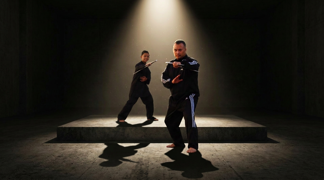 Twee silat vechters met tjabang (sai) wapens op een donker betonnen podium, uitgelicht door een spotlight