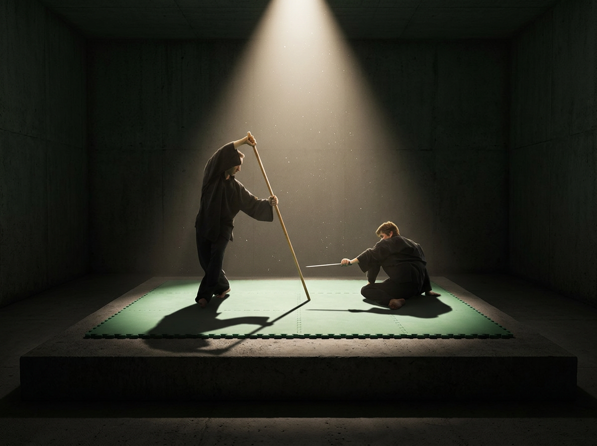 Twee silat-vechters op een donker betonnen podium, de een met de toja (lange stok) en de ander met een mes, uitgelicht door een spotlight