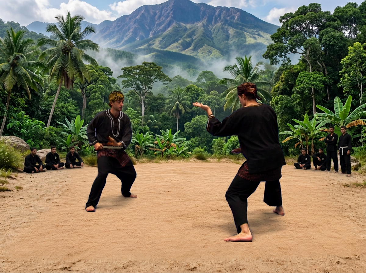 Twee silat-vechters voeren een mes-overname uit op een bergplateau