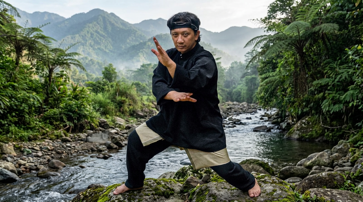 Roy Smith in een traditionele silek-stand bij een bergbeek in West-Sumatra