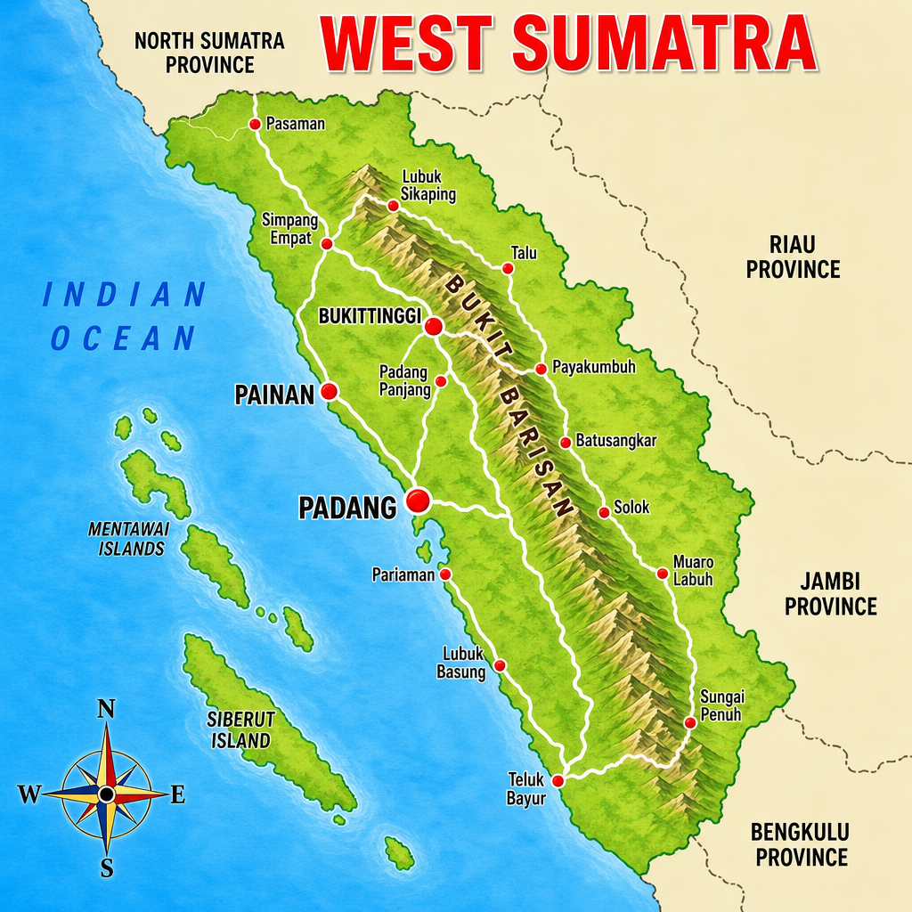 Kaart van West-Sumatra, het oorspronkelijke gebied van het Minangkabau-volk
