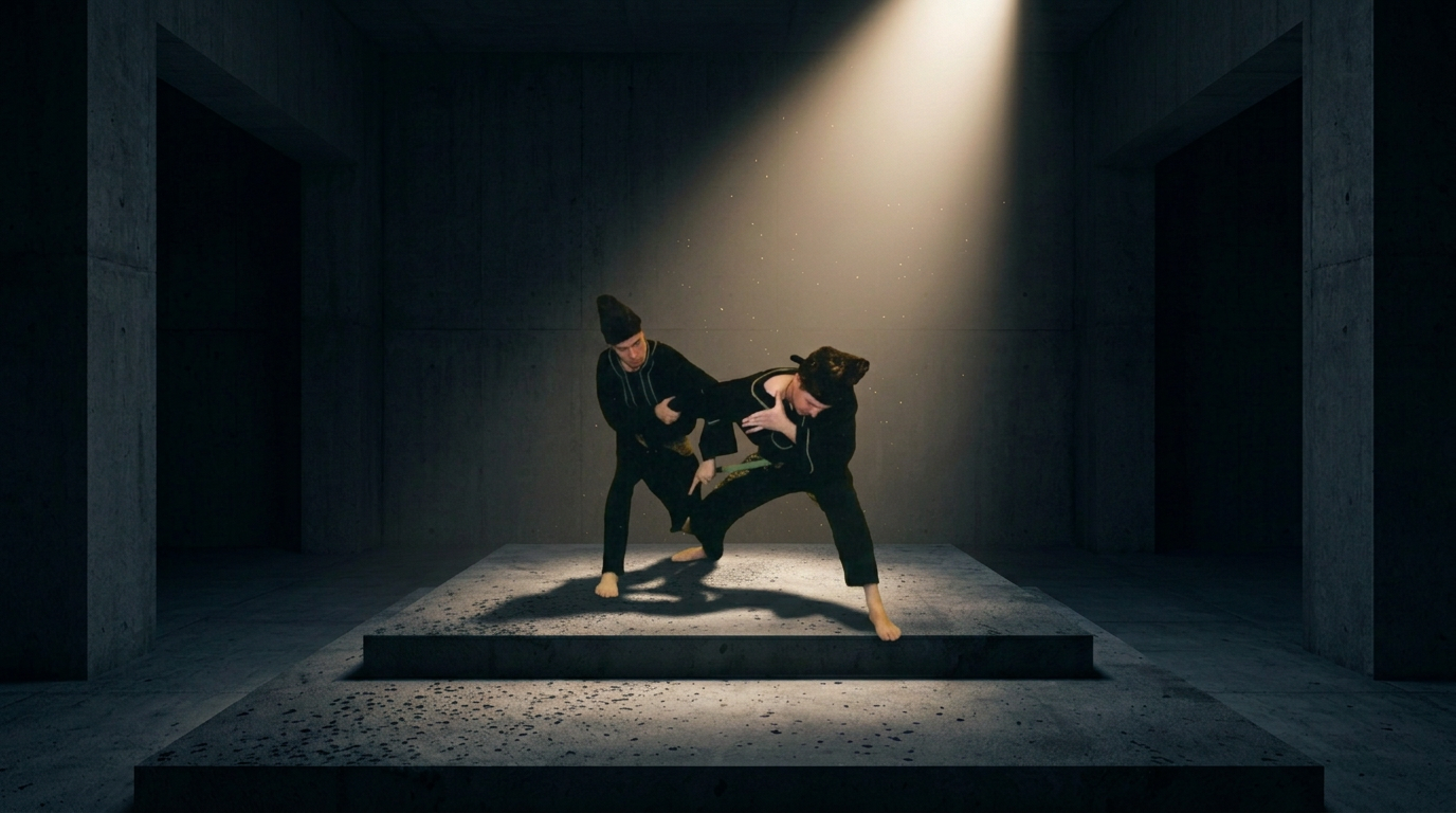 Twee silat-vechters oefenen zelfverdediging op een donker betonnen podium onder een spotlight